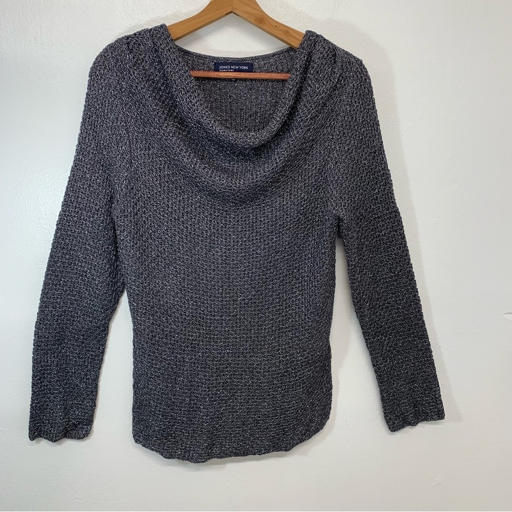 Jones NY Sweater Woman Large Silver Metallic Cowl Neck Long Sleeve Casual Work